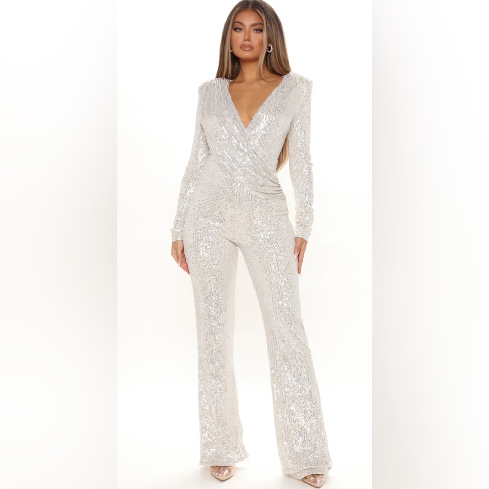 Fashion Nova Silver Sequin Jumpsuit with Plunging Neckline